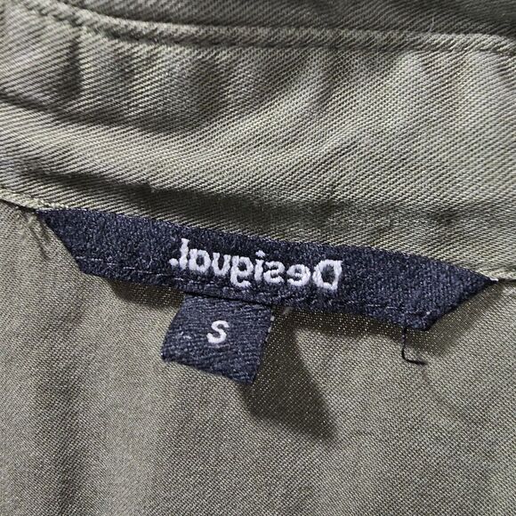 Desigual Dress Women Small Green Army Embroidered Shirt Tie Floral Military Boho - Picture 3 of 12